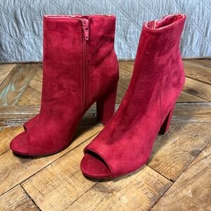 Red Peep Toe Ankle Boots Wild Diva Size 8 Block Heel Booties Shoes